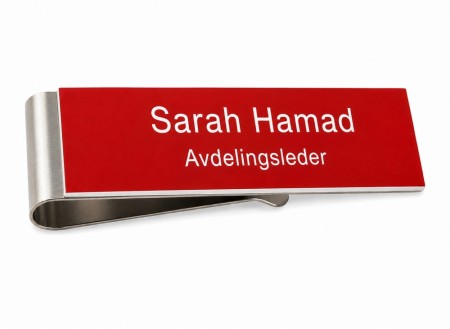Navnskilt med klemmefeste - Rød/Hvit